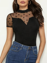 Mesh Polka Dot Mock Neck Top Black OutfitFlow